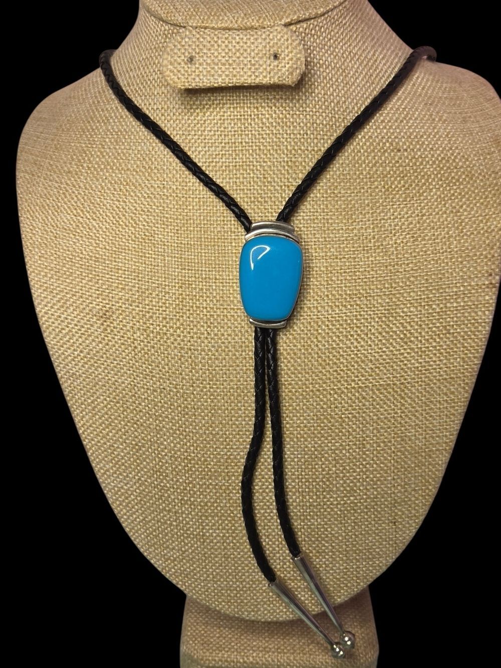 Vintage Sterling Silver Turquoise Western Bolo Tie Black Cord MM 40in NWT